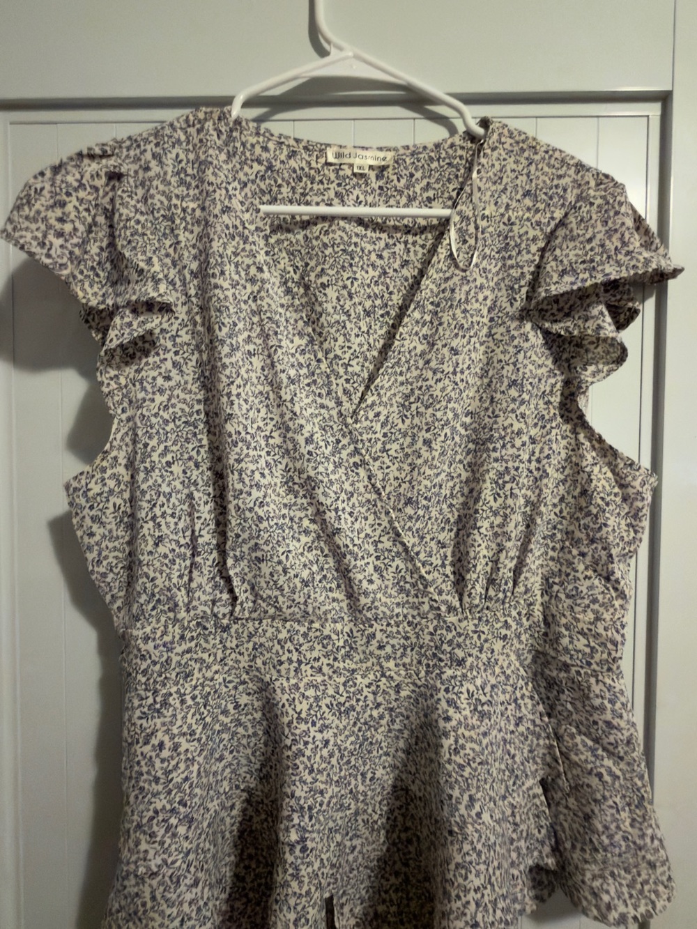 Women's Floral Wrap Peplum Top - Light Cream with Blue Print